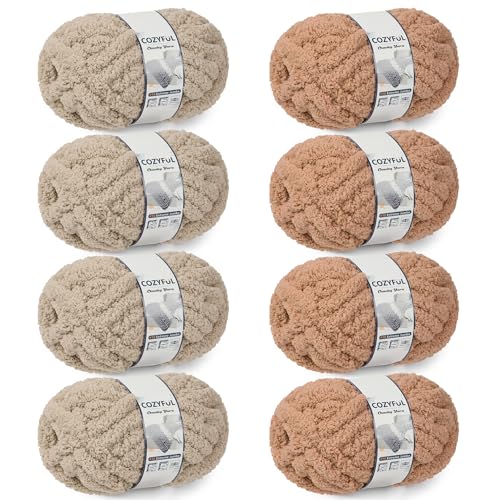 Cozyful Chunky Yarn for Hand Knitting - #10 Chunky Chenille Yarn, Jumbo Big Thick Chunky Yarns for Crocheting, Super Bulky Chunky Knit Blanket Yarns, 8 Skein (22yd, 8oz/Skein), Khaki & Coffee