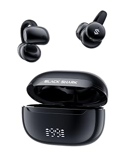 Black Shark Clip-On Earbuds, Open Ear Earbuds, Music and Game Dual Modes, 5g Lightweight & Digital Display Design, DNN Clear Calls, 50H Play Time, Comfort Fit for Sports, Running, Workout - Amazon product rated Grade A