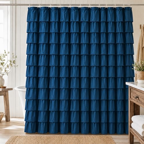 WestWeir Navy Blue Ruffle Shower Curtain for Bathroom, 72x 84 inch, 1 Panel
