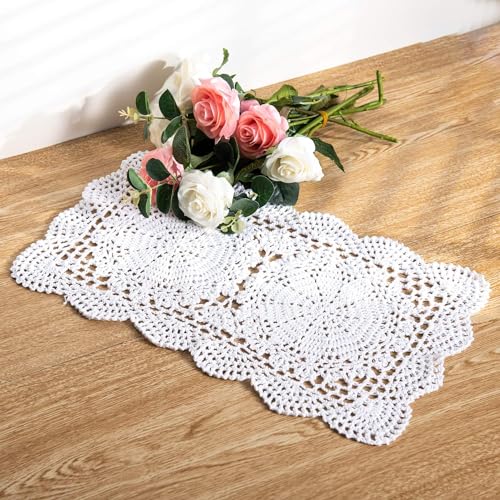 Feyarl 2 Pcs Rectangle Doilies Handmade Crochet Cotton Table Doilies Lace Table Placemats Coaster 10.5x17inch (White)