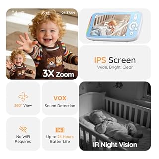Upgraded 360 View Baby Monitor No WiFi, Boifun 5'' 3X Zoom Display, Rotatable Video Baby Monitor Camera, IPS 720p Wireless (Moniteur Bébé), Easy to Use and Set Up,VOX Sound Detection,Night Vision