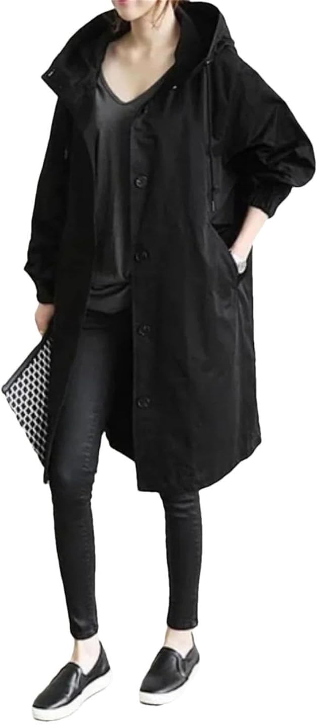 Women Chic Trench Coat With Cap Button Long Outerwear Loose Overcoat