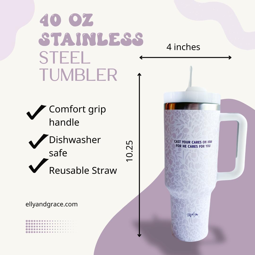 Elly and Grace Christian Steel Tumblers, Christian Bible Cups for Women, Spill Safe Straw Included (Cast Your Cares, 40oz) - Image 2