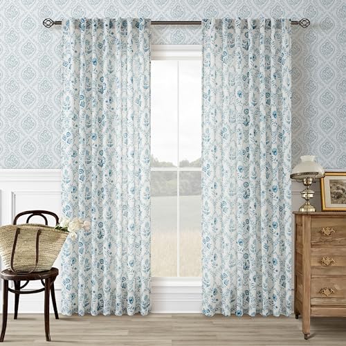 Image of Blue Floral Curtains 90 Inch Length Back Tab for Living Room 2 Panels Set | Light Filtering, Linen Curtains, Blue Flower, Plant Pattern, Print on White, Aesthetic, Coastal Style, Vintage, Cottagecore