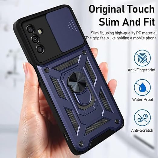 Image of Designerz hub Samsung Galaxy M56 5G Back Cover | Heavy Duty Hybrid Case with 360 Degree Rotating Finger Ring Holder + Slider Shutter Camera Protection Case for Samsung Galaxy M56 5G- Blue