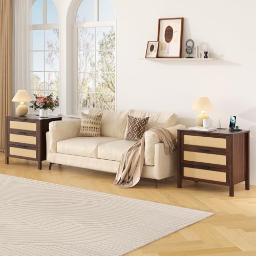 HOMMPA Rattan Night Stand with Charger Station Set of 2, 26'' Wide Boho Nightstand with 3 Drawer, Modern Bedside Table with Plug, Bed Side End Table Dresser with Open Shelf for Bedroom, Walnut - image 8