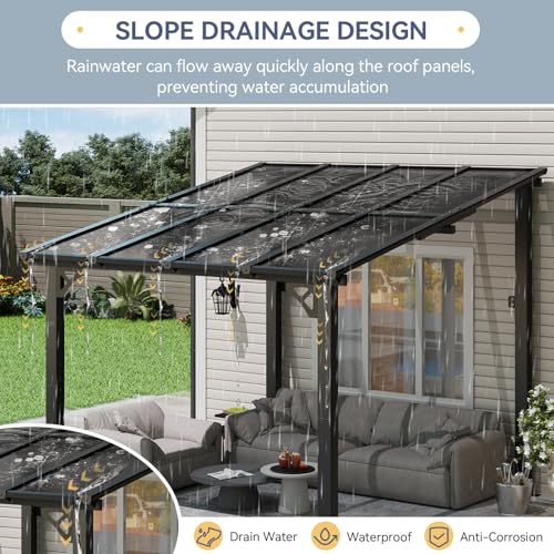 Image of 10x8 FT Lean to Gazebo Pergola, Outdoor Wall Mounted Gazebos with Polycarbonate Roof, Large Hardtop Metal Heavy Duty Awnings, Patio Canopy for Backyard, Deck, Porch (Black)