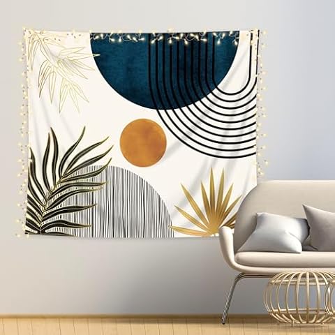 KOMLLEX Chic Abstract Tapestry Boho Leaves Mid Century Sun Arch Minimalist Modern Gold Botanical Plant Simple Geometric Wall Hanging Aesthetic Blue Home Decor Art for Living Room Bedroom Dorm 59Wx51H Cover