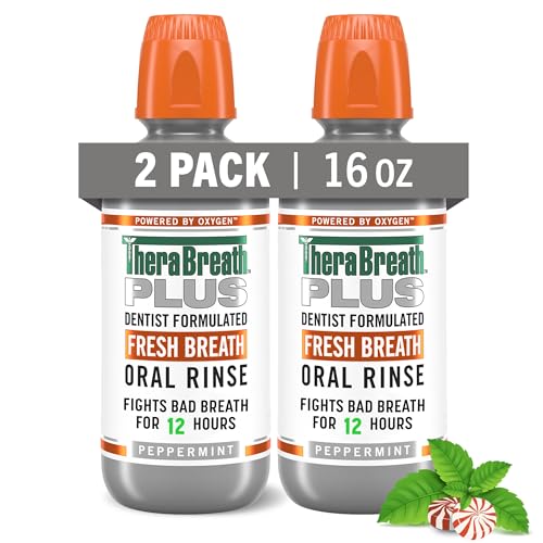 TheraBreath Fresh Breath PLUS Mouthwash, Peppermint Flavor, Alcohol-Free, 16 Fl Oz (Pack of 2)