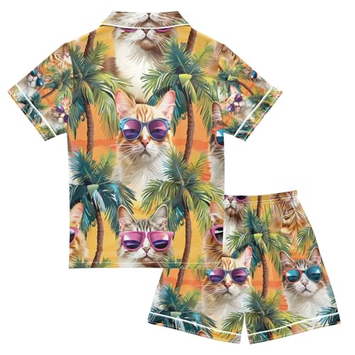 senya Tropical Cat Sunglasses Satin Summer Pajama Sets Silk Short Sleeve Button Down Sleepwear2