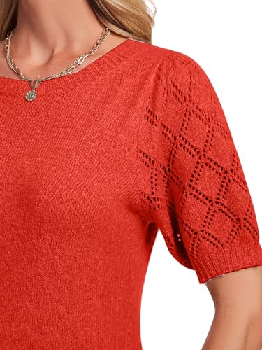 Image of Women's Short Sleeve Tops Soft Puff Sleeve Knit Top Summer Sweaters Dressy Casual
