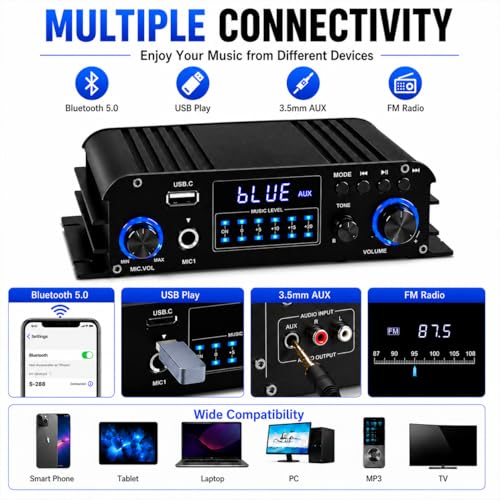 Image of Romicta 4 Channel Bluetooth 5.0 Stereo Amplifier, 50Wx4 Home Audio Stereo Receiver, 1200W Max, USB /SD /FM, Class D HiFi Power Amp for Home Theater, Car & Karaoke, Includes Remote & Power Adapter