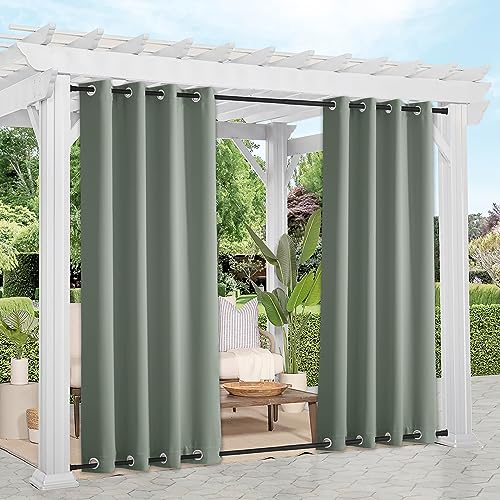 NICETOWN Windproof Sage Green Outdoor Curtains 2 Panels Top and Bottom Grommet for Patio Waterproof, Fixed Outdoor Blinds Keep Warm & Privacy Thermal