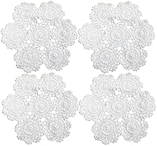 kilofly Crochet Cotton Lace Table Placemats Doilies Pack, 4pc, White, Blossoms, 10 inch