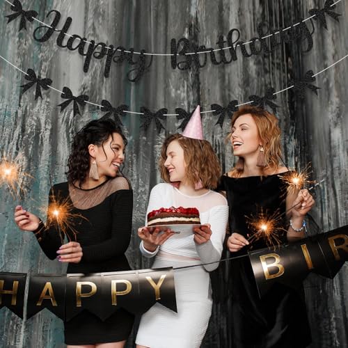 Image of Black Bow Birthday Decorations Happy Birthday Banner Black Bow Bunting Garland Glitter Photo Props Satin Ribbon Hanging Swirls Party Decor for Boys Girls Bachelorette Themed Party Supplies
