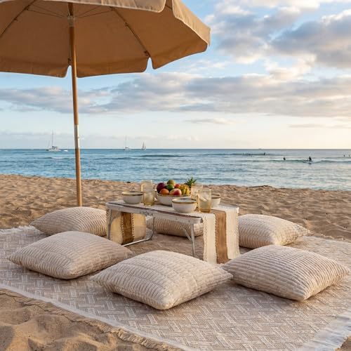 Yiyiring 9 Pcs Extra Large Outdoor Boho Picnic Blanket 91\'\' x 71\'\' Folding Camping Table Beige White Table Runner 6 Throw Pillow with Pillow Cores Woven Cotton Yarn for Camping Garden Beach Wedding