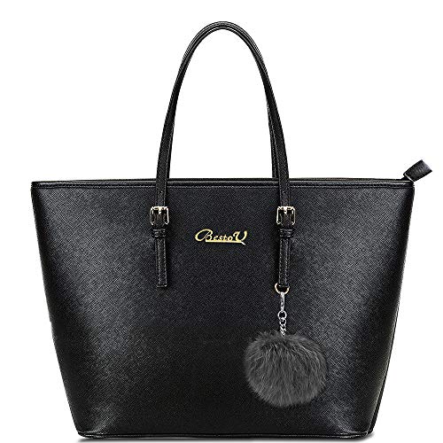 BestoU Grand Sac a Main Femme Sac Cours Lycee PU Cuir Sac Fourre-Tout Portes Epaule Bandoulière Cabas Noir