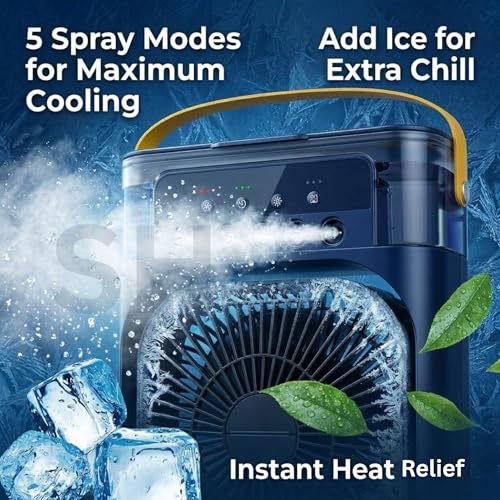 Image of Drumstone 5-in-1 Portable Air Cooler with Humidifier & LED Light, Personal Mini AC Fan with Water Tank, Ice Cooling Technology, Adjustable Speed, Compact Air Cooler for Home, Bedroom, Office