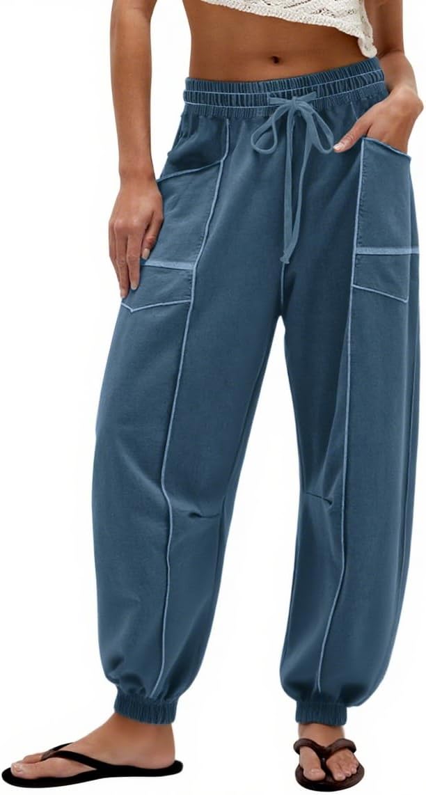 Women Barrel Sweatpants Baggy High Waisted Drawstring Color Block Joggers Pants Athletic Lounge Pant with Pockets