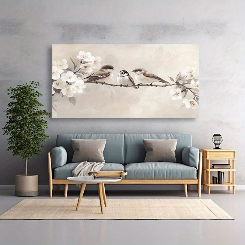 Tableau moderne d'oiseaux sur fleurs grand format 65 x 130 cm - 3
