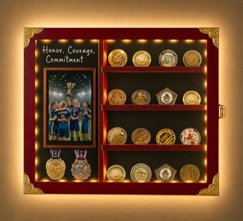 Image of Challenge Coin Display Case Wall Mount with Light, Removable Shelves and Picture Frame for Honor Military Coin Holder, Memorial Gift for Veterans Men Collectors (Reddish Brown)
