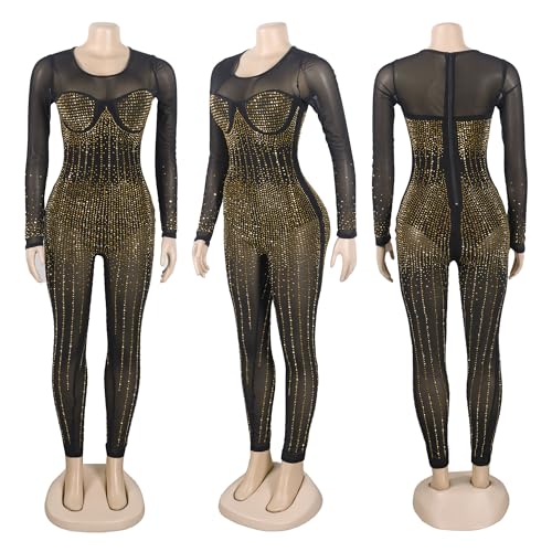 Image of Jigfar Women Sexy Embellished Rhinestone Bodycon Jumpsuit Mesh See Through Patchwork Birthday Party Night Out Clubwear