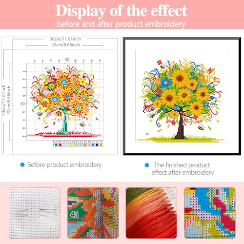 Image of Tree of Life Cross Stitch Kit | 11.8 inchx11.8 inch Stamped 11CT Fabric with DMC Threads | Beginner-Friendly Nature Wall Art | DIY Mindful Gift for Home /Office Decor-Happiness Tree - Perfection(66886)