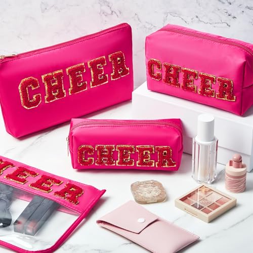 Clysee 4 Pcs Cheer Makeup Bags Cheerleader Gifts Cosmetic Chenille Letter Patch Bags College Preppy Cheer Accessories Portable Nylon Travel Organizer Purse Toiletry Storage for Women, Hot Pink