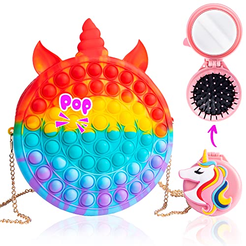 Adelle Fd Unicorn Pop It Purse For Girls And Hair Brush With Makeup Mirror - Pop It Bag Fidget Toy, Sensory Pop Shoulder Gift For Kids - Rainbow And Macaron Stress Relief Toy #TOP7