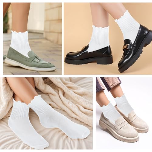 Image of Ptwola 6 Pairs Women Ruffle Socks Cute Ankle Boot Frilly Socks White Soft Knit Cotton Crew Dress Sock Lettuce Trim Stockings for Teen Women Elastic Slouchy One Size Boot Leather Shoes