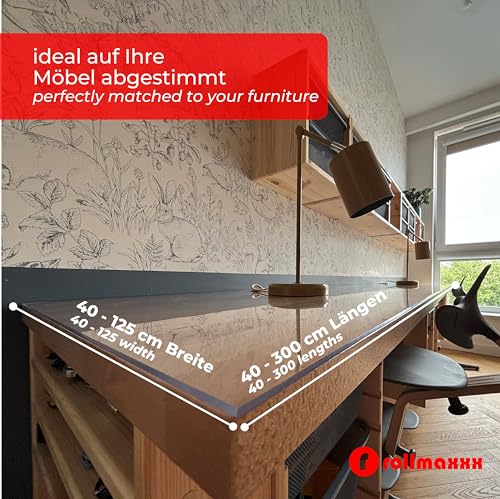 Rollmaxxx Tischfolie 2mm - Tischdecke transparent - mit abgeschrägter Kante - Tischschutz - Schutztischdecke - Schutzfolie - PVC Folie für Tisch – Maßanfertigung möglich (85 cm x 140 cm)