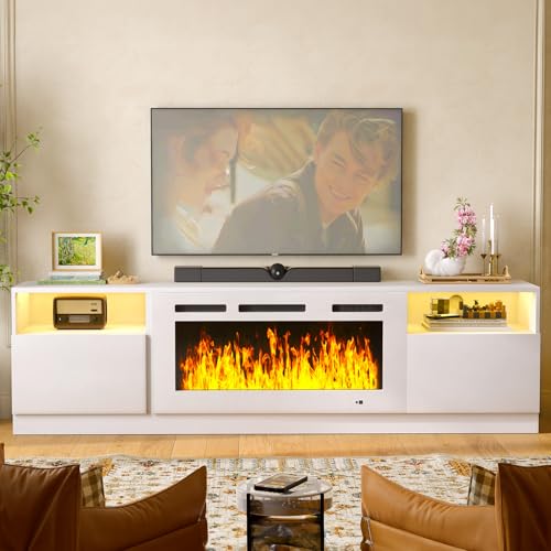 Image of MXV 80 inch Fireplace TV Stand for TVs Up to 90 inch, LED Light Entertainment Center with 36 inch Electric Fireplace, Modern Wood Texture TV Media Console with Highlight Storage Cabinet, White-White