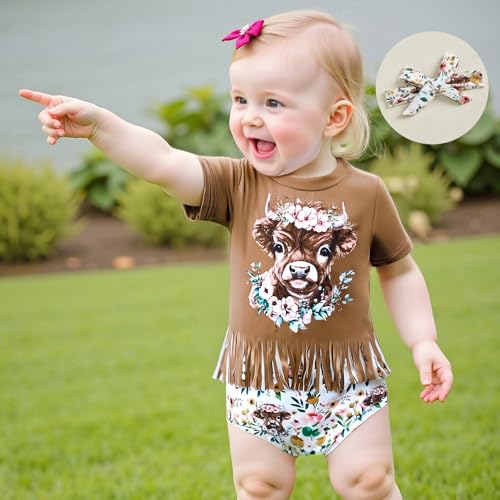 Infant Toddler Western Baby Girl Outfit Cowgirl Tassel T-Shirt Top Cow Print Bloomer Shorts Set Cute Country Clothes2