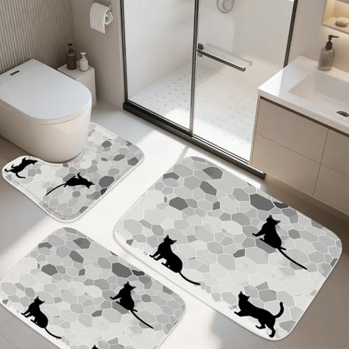 TheBlackSpot Funny Black Cat Bathroom Rugs 20 x 31 Kitten Silhouette Geometric Background Bath Mat 16 x 24 Sets 3 Piece Imitation Cashmere Anti Slip Mats U-Shaped Contour Shower Mat
