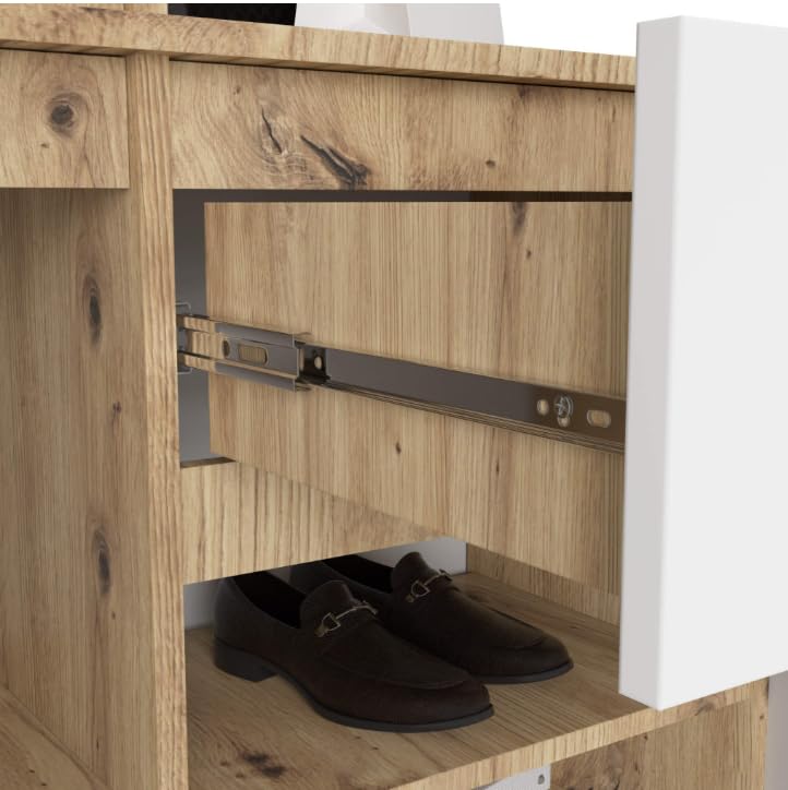 BDW ENTRO Armoire d'entrée avec Armoire à Glace, 95 x 183 x 35 cm, étagère à Chaussures, patères (chêne Artisanal/Blanc)