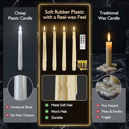 Image of Rhytsing 9.6 inches Natural White Flameless Taper Candle with Remote, Battery Operated Led Dinner Candles with Timer, Wax Dripping Design, 8 Batteries Included - Set of 4