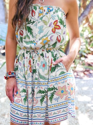 Image of CUPSHE Womens Strapless Floral Mini Dress Tiered Ruffle Tube Summer Dress | Decorative buttons Elastic tube top Elastic waist Tiered hem, Casual Beach Vacation Sun Dress