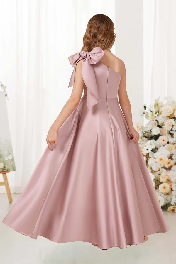 Topsta One Shoulder Junior Bridesmaid Dresses with Bow Satin Flower Girl Dress for Wedding Party Gowns2