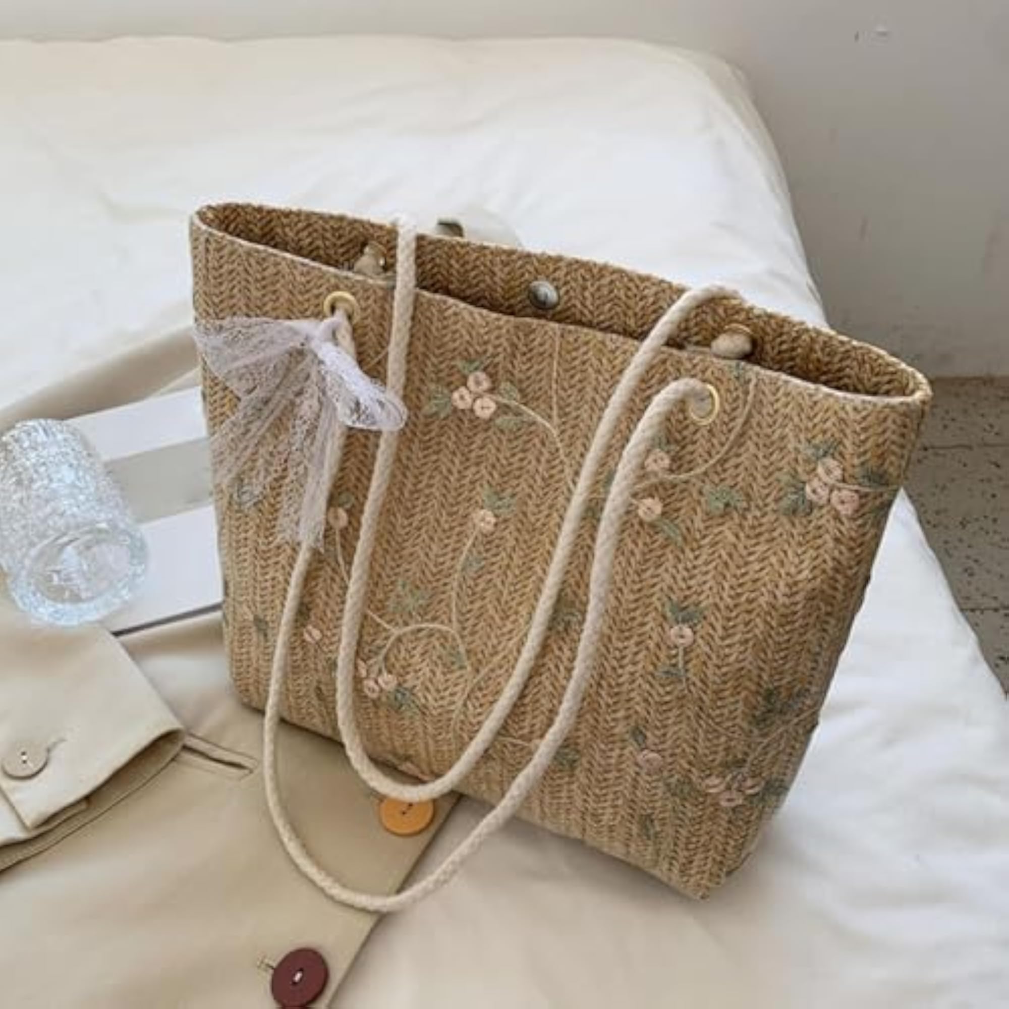 Straw Beach Bag for Summer Vacation and Parties
