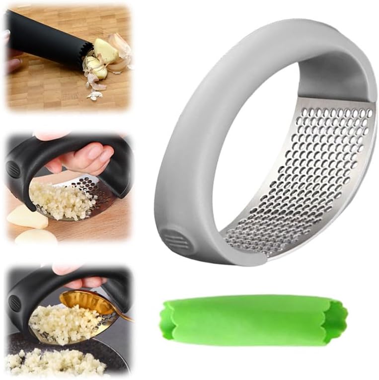 Stainless Steel Garlic Press, 2024 New Garlic Press Rocker Crusher Masher with Garlic Peeling Drum, Portable Manual Heavy Duty Garlic Mincer, Garlic Chopper for Household Kitchen Utensils(Grey,1Set)