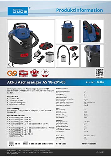 Güde AS 18-201-05 Aspirador de Cenizas inalámbrico, Negro/Azul - imagen 7
