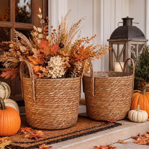 Novabright 2 Pack Fall Woven Planter for Porch, 10 x 12 Inches Fall Woven Planter for Artificial Flowers, Cattails Basket with Handles, Stylish Pot Cover for Indoor Outdoor Home Decor