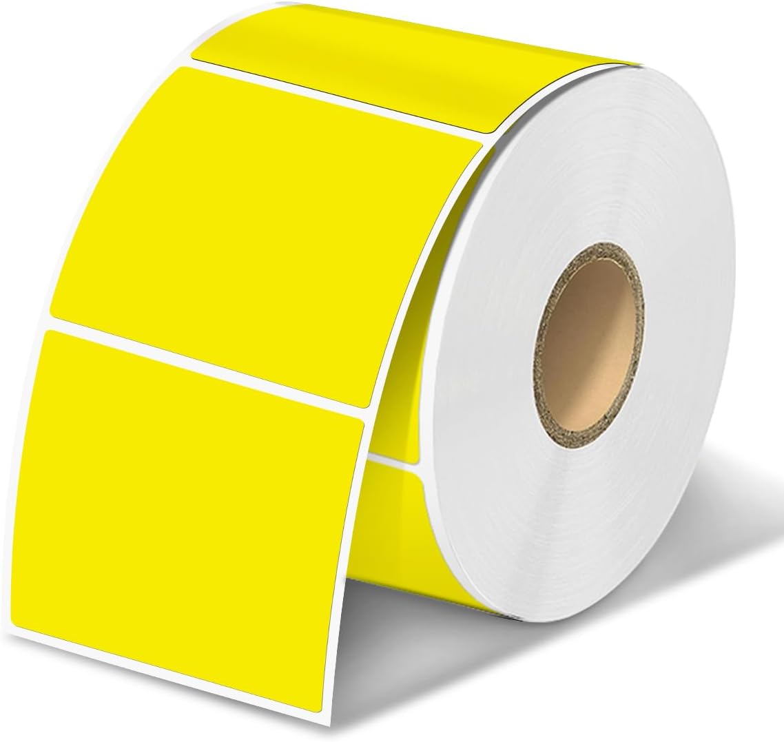 Square Thermal Label Stickers, 2"x2" (50.8mm x 50.8mm) Compatible with Multiple Thermal Printers Self-Adhesive Square Direct Strong Adhesive Thermal Labels, Yellow, 500 Sheets/Roll
