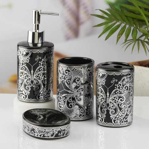 Image of SaSaSa Ceramic Bathroom Accessories Set of 4 Modern Bath Set with Soap Dispenser & Toothbrush Holder, Luxury Home & Gift Idea, Black /Silver (10461)