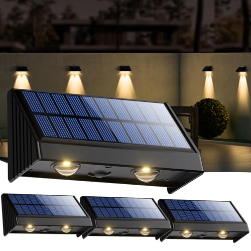OUSFOT Aplique Solar Exterior pared 4 Unidades, Resistente al Agua IP65 Focos Led Exterior Solares, 3200 K Blanco Cálido Luces Solares para Parede, Barandilla, Valla, Jardine, Terraza, Balcone