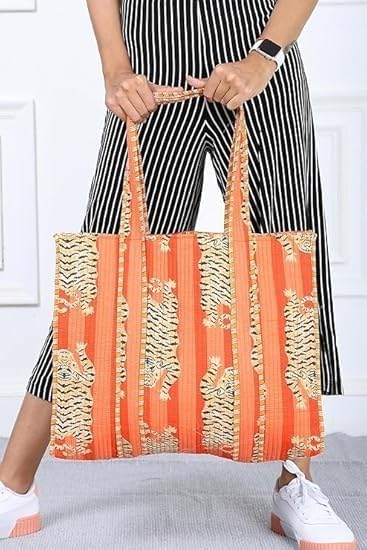 Image of YILLE Cotton Quilted Floral & Tiger Print Tote Bag, 18 x 18 inches For Grocery Shopping, Travel