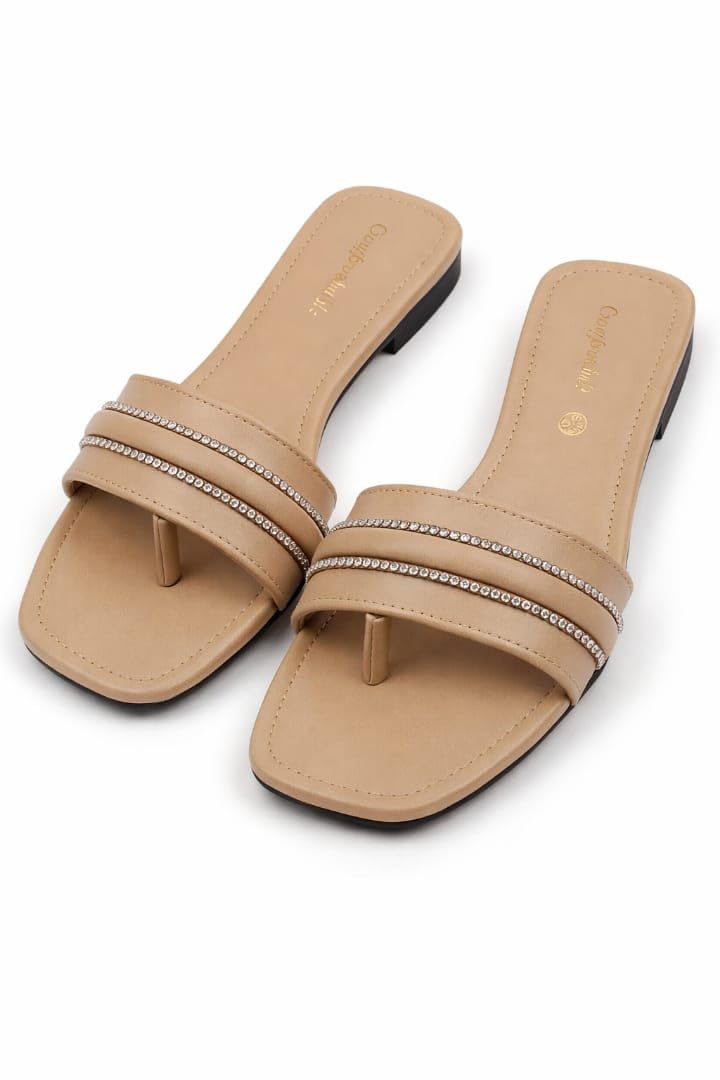 Boneyfit Flat Toe-Ring Sandals for Women, Beige with Rhinestone Straps-image-39