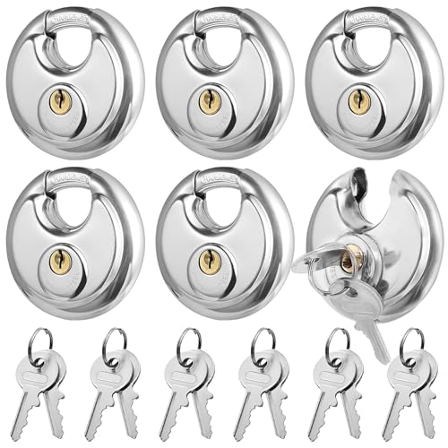6 Stück gleichschließende Diskus, Vorhängeschlösser aus Edelstahl, Wasserdichte Sicherheitsschlösser mit 12 Schlüsseln, 3/8-Zoll-Bügel, rostfrei, ideal für Lagerraum, Garage, Schuppen, Fitnessstudio