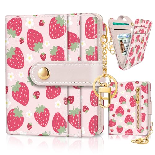 Image of Jogjam Strawberry Rfid Girls Girly Teen Wallet, Small Slim Thin Compact Travel Credit Card Women Wallet, Cute PU Leather Bifold Cash Zipper Coin Pocket ID Window for Female Ladies Gifts