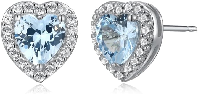 Amazon Essentials Sterling Silver Birthstone and Created White Sapphire Halo Heart Stud Earrings (previously Amazon Collection)
